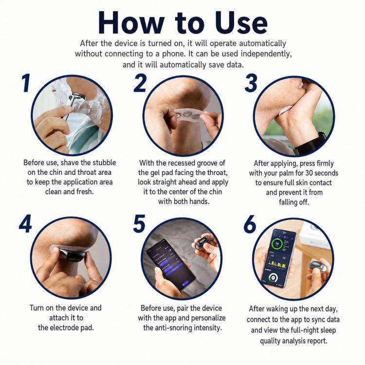 How-to-use guide steps for smart anti-snoring device with smartphone app data