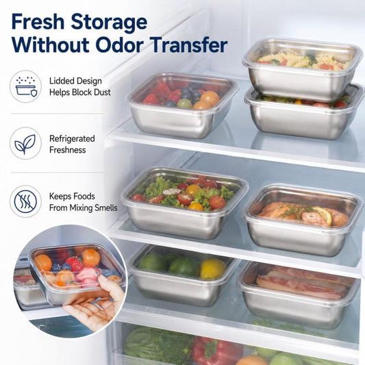 Stainless steel food storage boxes with lids, arranged inside refrigerator shelf
