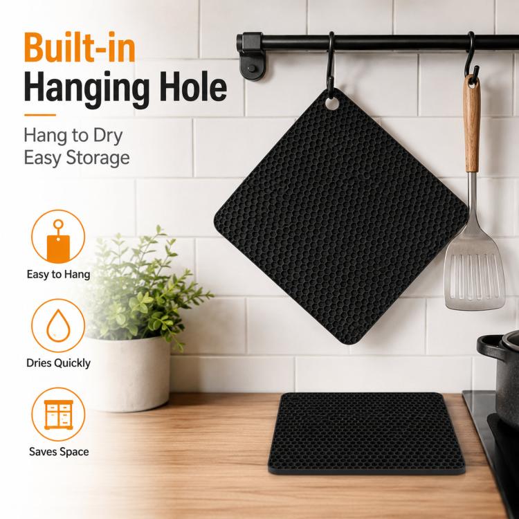 Black square silicone honeycomb table mat coaster with hanging hole for storage