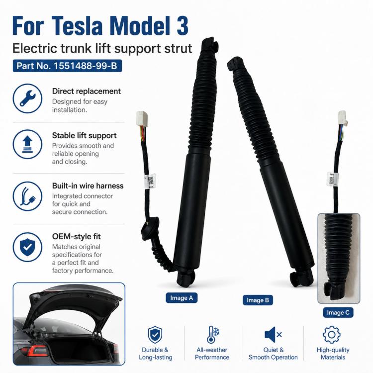 Two black electric trunk lift support struts with attached power cable ends