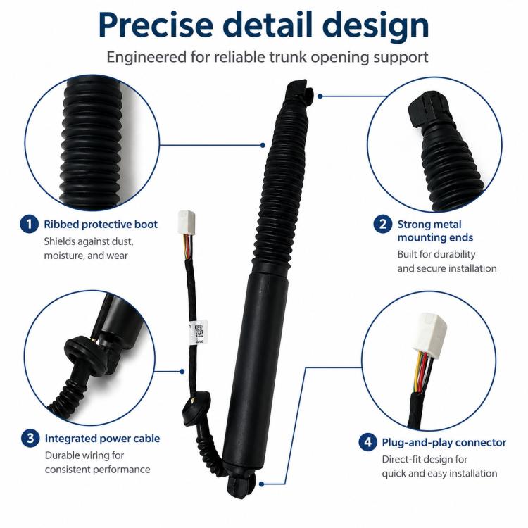 Electric trunk lift support strut with ribbed boot, metal ends, and plug connector