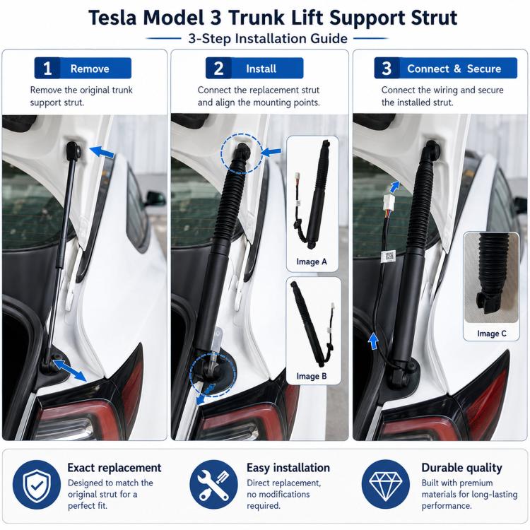 Electric trunk lift support strut installed at rear trunk opening, with wiring