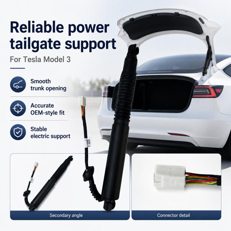 Electric tailgate support strut holding open rear trunk, black ribbed design