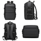 Black laptop backpack shown front, back, side, and top with multiple zip compartments