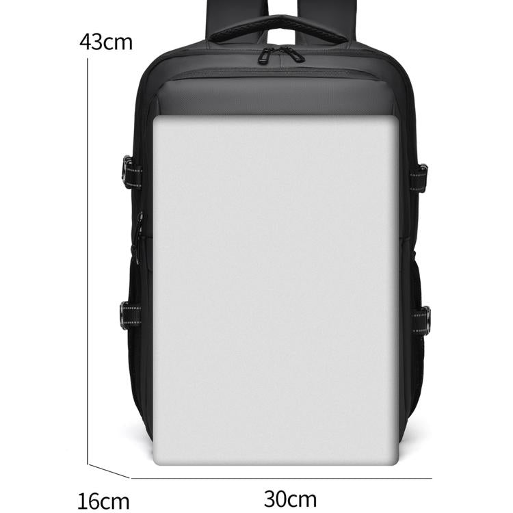 Black business backpack with dimensions 43x30x16 cm, front zip pocket and handles