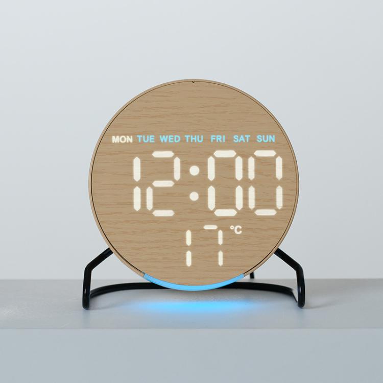 Round LED desk clock with wood finish, bright digital time and temperature on display