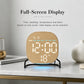 Round LED desk clock with wood finish, full-screen display for time, weekday, and temperature