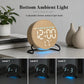 Round LED desk clock with wood face and adjustable bottom ambient light levels, glowing digits