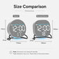 Size comparison of round and rounded-square LED desk clocks showing dimensions and displays