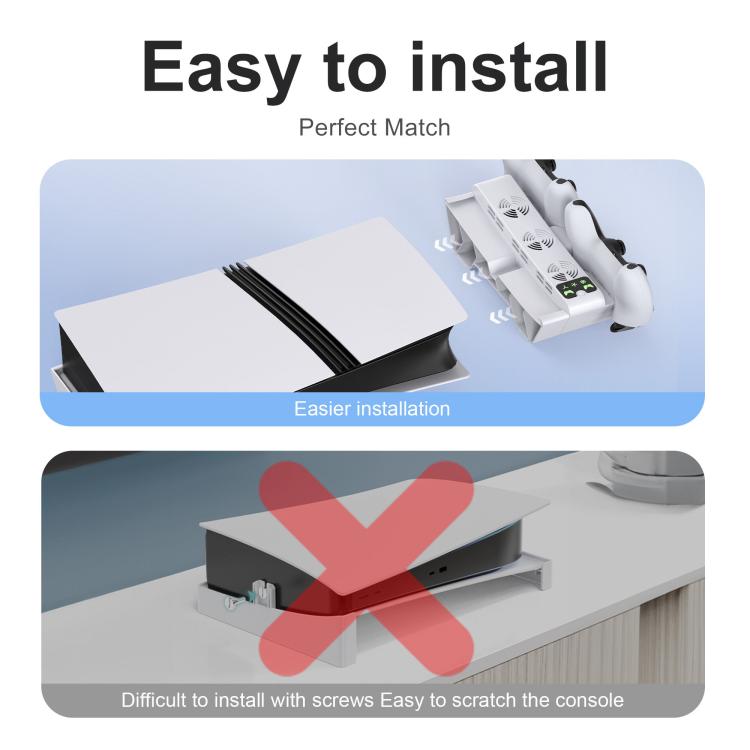 Horizontal cooling stand installation view with controller docks and safety warning badge