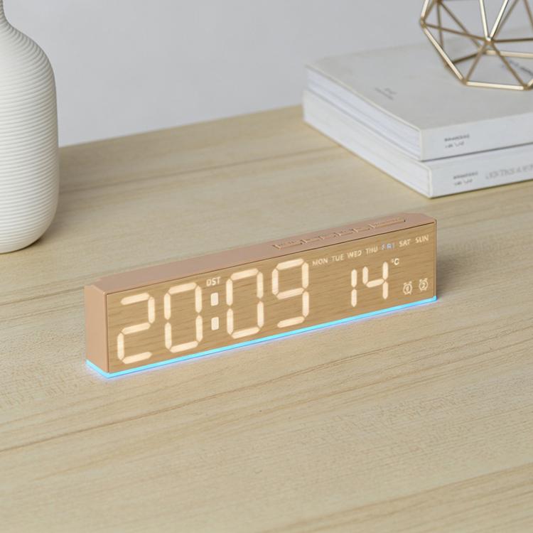 Wood-grain LED digital alarm clock with glowing time digits and blue light edge