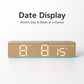 Wood-grain LED digital alarm clock showing date and temperature with bright digits