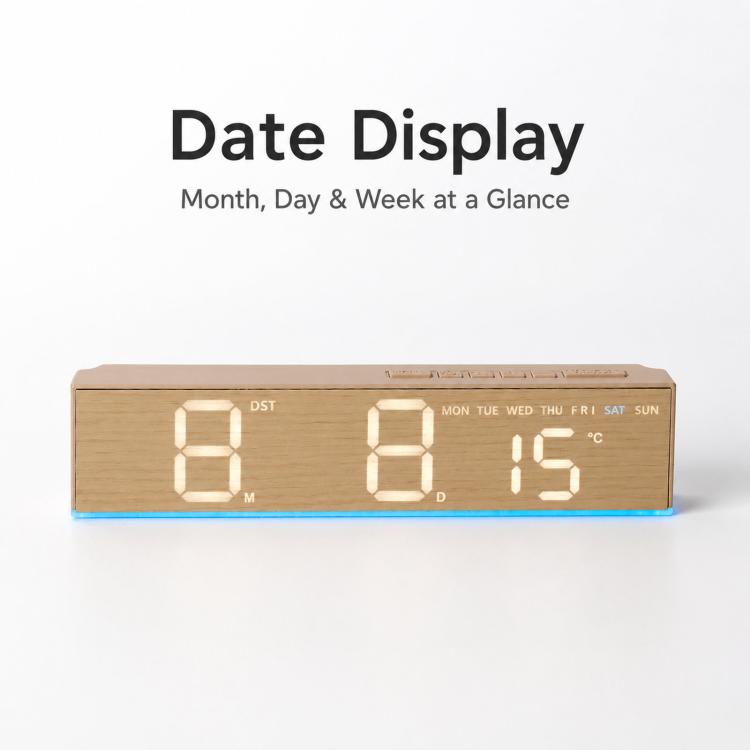 Wood-grain LED digital alarm clock showing date and temperature with bright digits