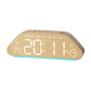 Wood-grain LED desk alarm clock, front view with blue edge light