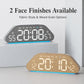 Dual-finish LED desk alarm clock: wood grain and dark gray faces