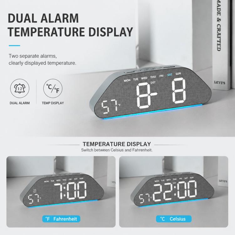 Dark gray LED desk alarm clock with dual alarm and temperature display