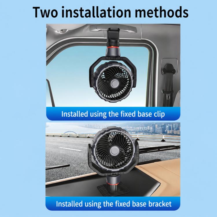 Truck fan shown with two mounting methods: fixed base clip or bracket