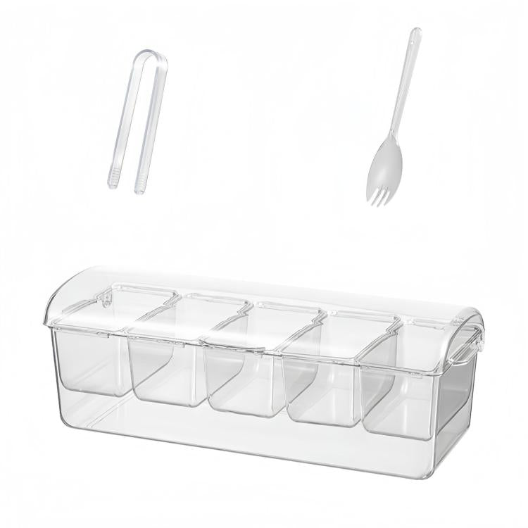 Clear five-compartment freezer tray with lids and included fork-and-spoon utensils