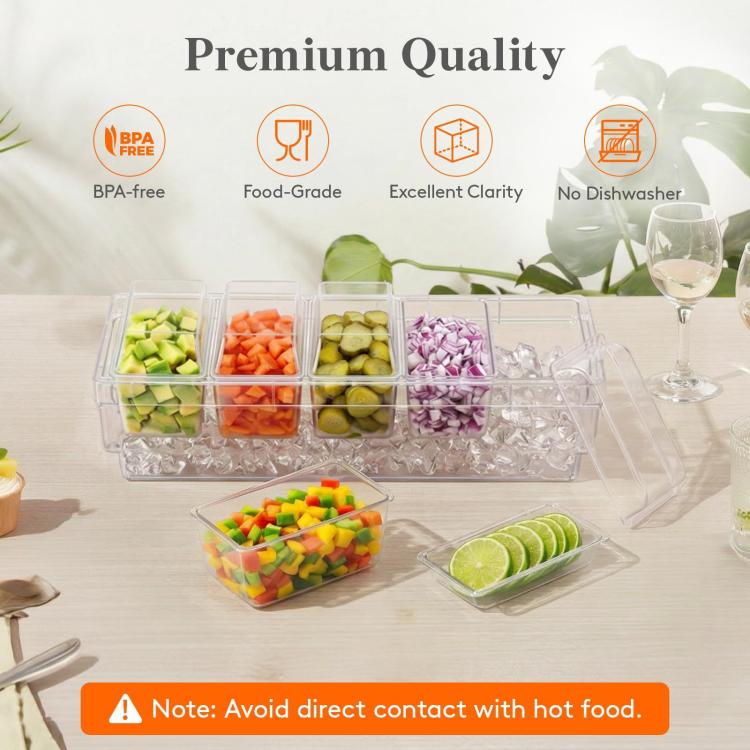 Clear five-compartment freezer tray with colorful produce portions and ice cubes