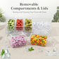 Clear freezer tray with five removable compartments and lids plus scattered ice cubes