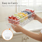 Clear five-compartment freezer tray with handle, carried by one hand