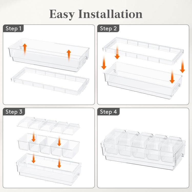 Clear five-compartment freezer tray shown in installation steps with removable insert
