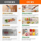 Five-compartment freezer tray comparison graphic labeled ours vs others