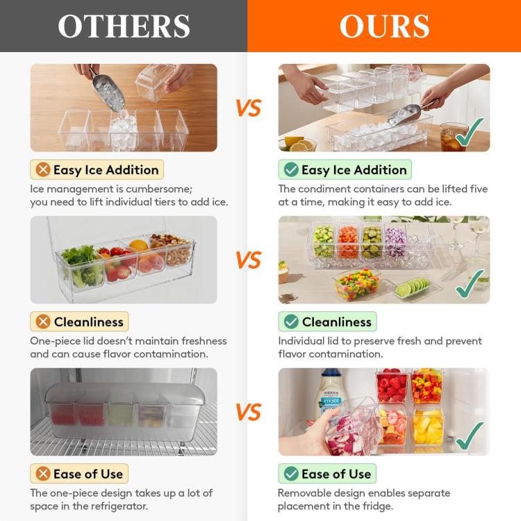 Five-compartment freezer tray comparison graphic labeled ours vs others
