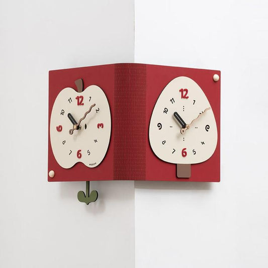 Red two-dial corner wall clock with white faces and dark hands, double-sided design