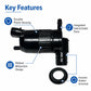 Black windshield washer pump motor with ribbed housing, integrated inlet ports, gasket ring