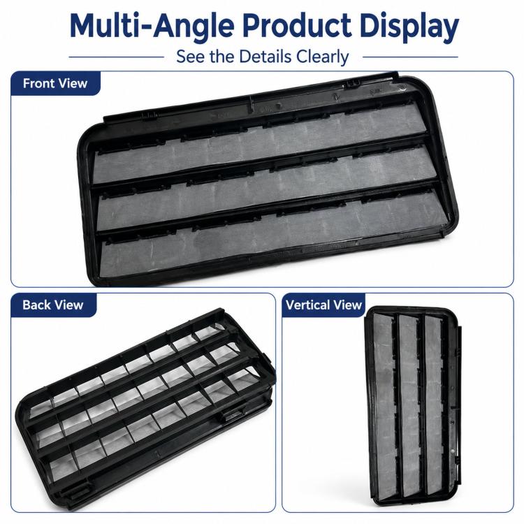 Black rectangular air vent grille with slat openings, shown from multiple angles