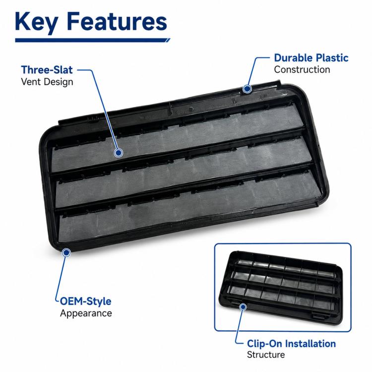 Black three-slat air vent with clip-on style frame and vent channel grooves