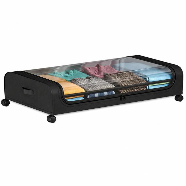 Black underbed organizer bin with clear window lid and four rolling casters