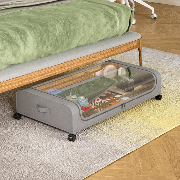 Gray underbed storage container with clear lid and rolling wheels