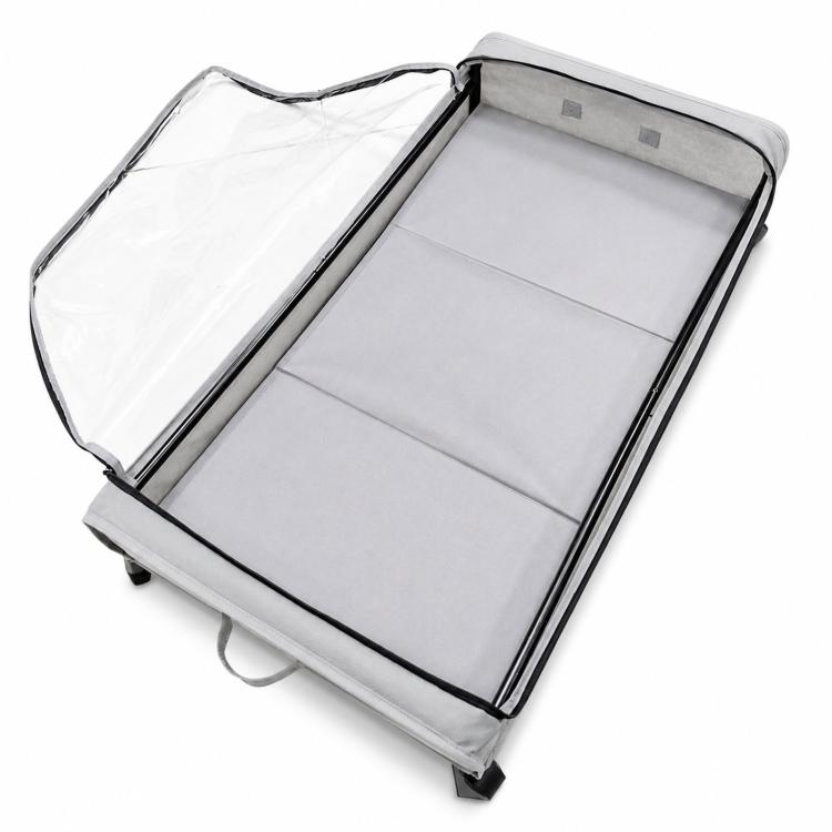 Gray underbed storage lid panel opened with fabric cover and clear window