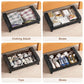 Underbed storage bin with clear top showing folded clothes, books, toys, and shoes