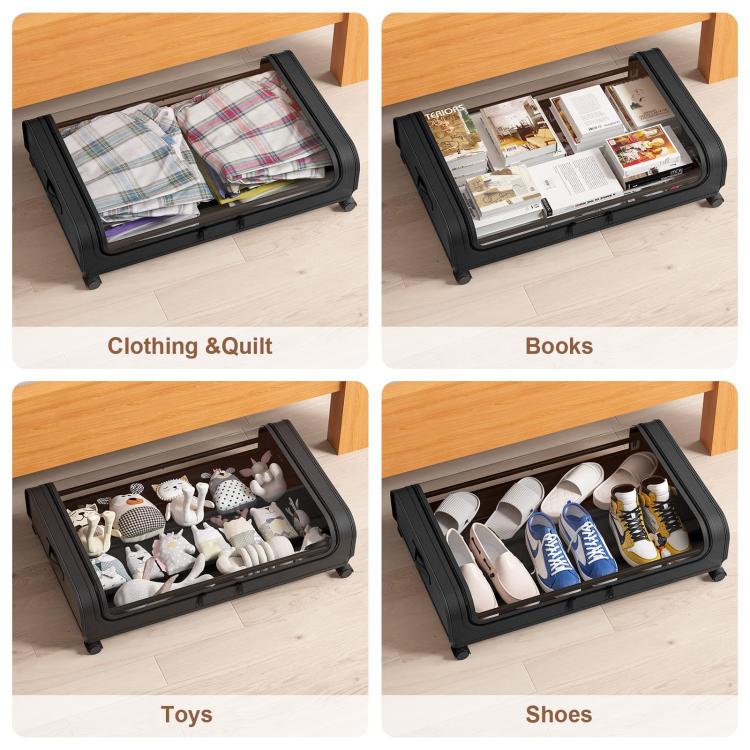 Underbed storage bin with clear top showing folded clothes, books, toys, and shoes