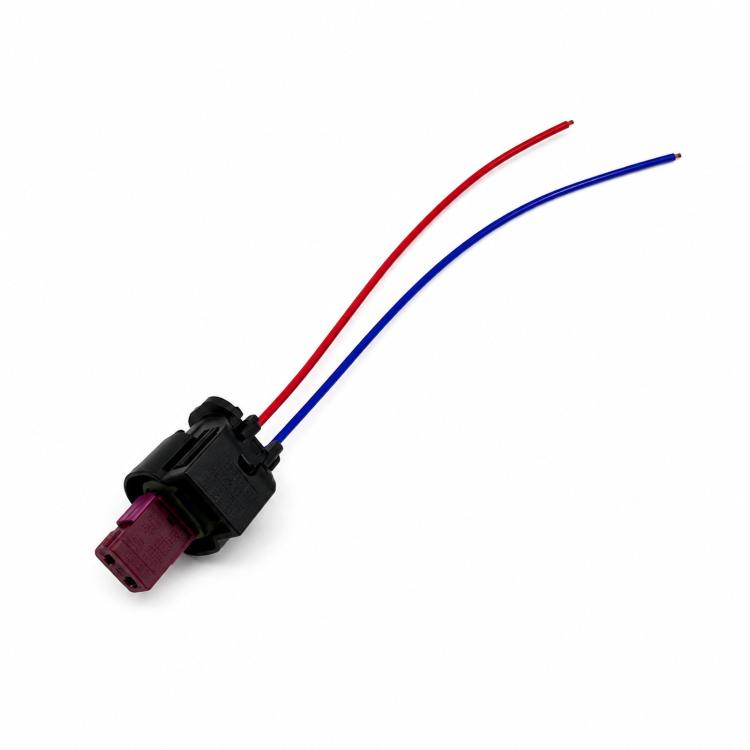 Pedestrian warning speaker wiring harness with red and blue leads, black connector