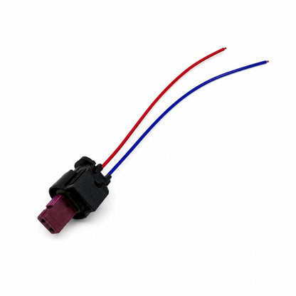 Pedestrian warning speaker wiring harness with red and blue leads, black connector