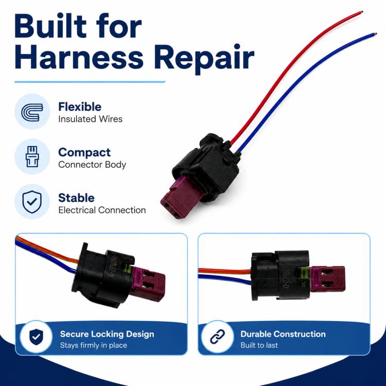Pedestrian warning speaker wiring harness repair pigtail with red and blue insulated wires