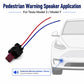 Pedestrian warning speaker application wiring harness with red and blue leads, black connector