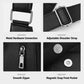 Black PU leather bag hardware details: metal buckles, adjustable strap, smooth zipper