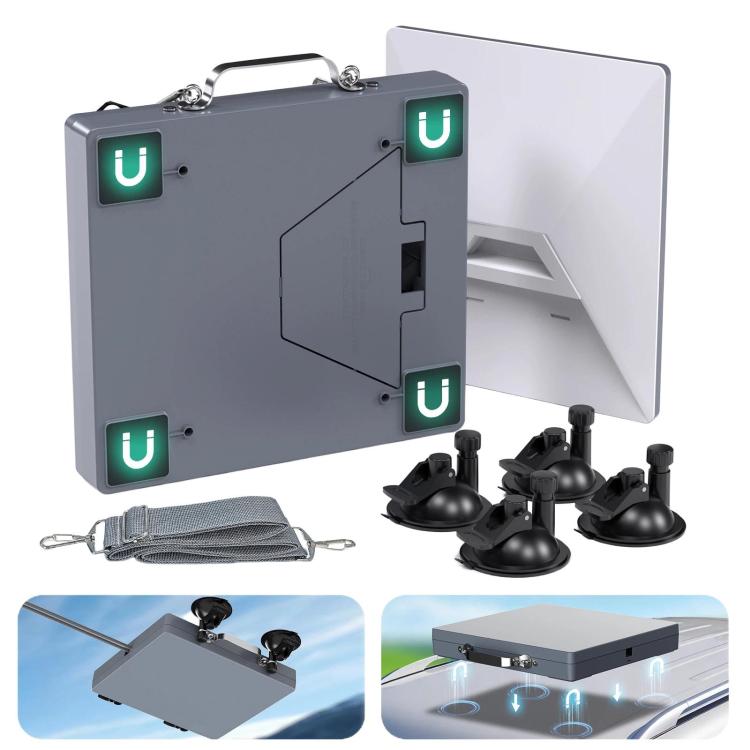 Gray magnetic protection box with open side panel, black suction cups and tools