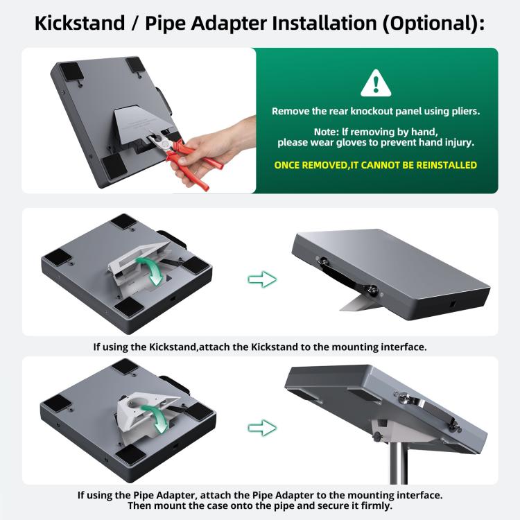 Gray mounting interface showing kickstand adapter and screw hardware setup