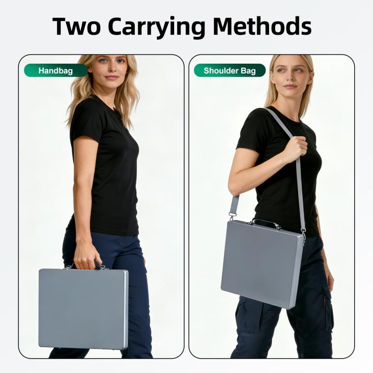 Gray protective mount box with shoulder strap carrying method