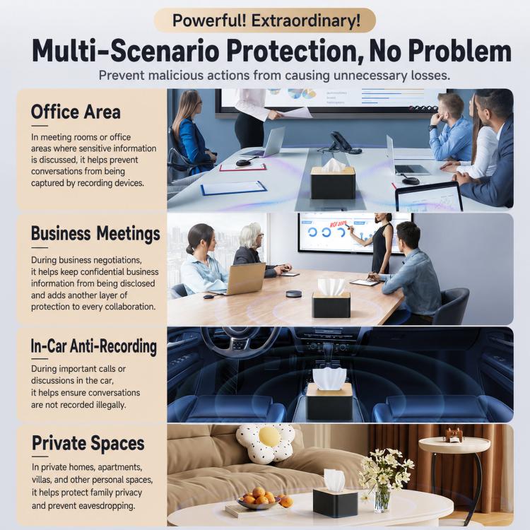 Black tissue-box audio protection device shown for office and private settings