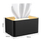 Black tissue-box audio protection device with gold wood top and front speaker grille