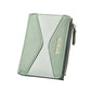 Green color-block short women’s wallet card holder with gold zipper and stitched logo
