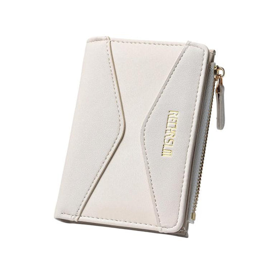 Light cream color-block short women’s wallet card holder with gold zipper and stitched logo