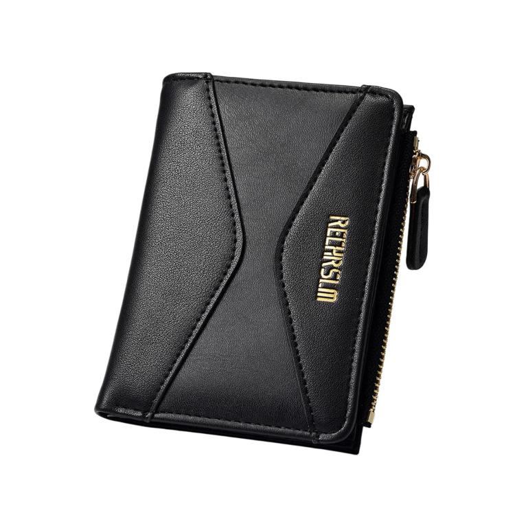 Black color-block short women’s wallet card holder with gold zipper and stitched logo